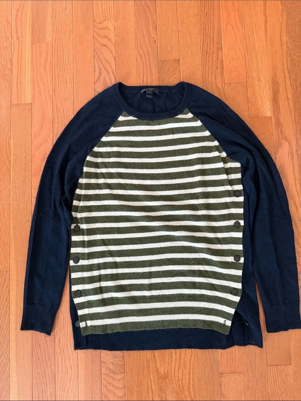 J. Crew Olive & Navy Striped Raglan Crewneck Sweater